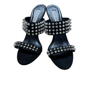 Steve Madden Radar Heels Sandals Black Silver Toned Studded Bands 4.5” Heels 8.5